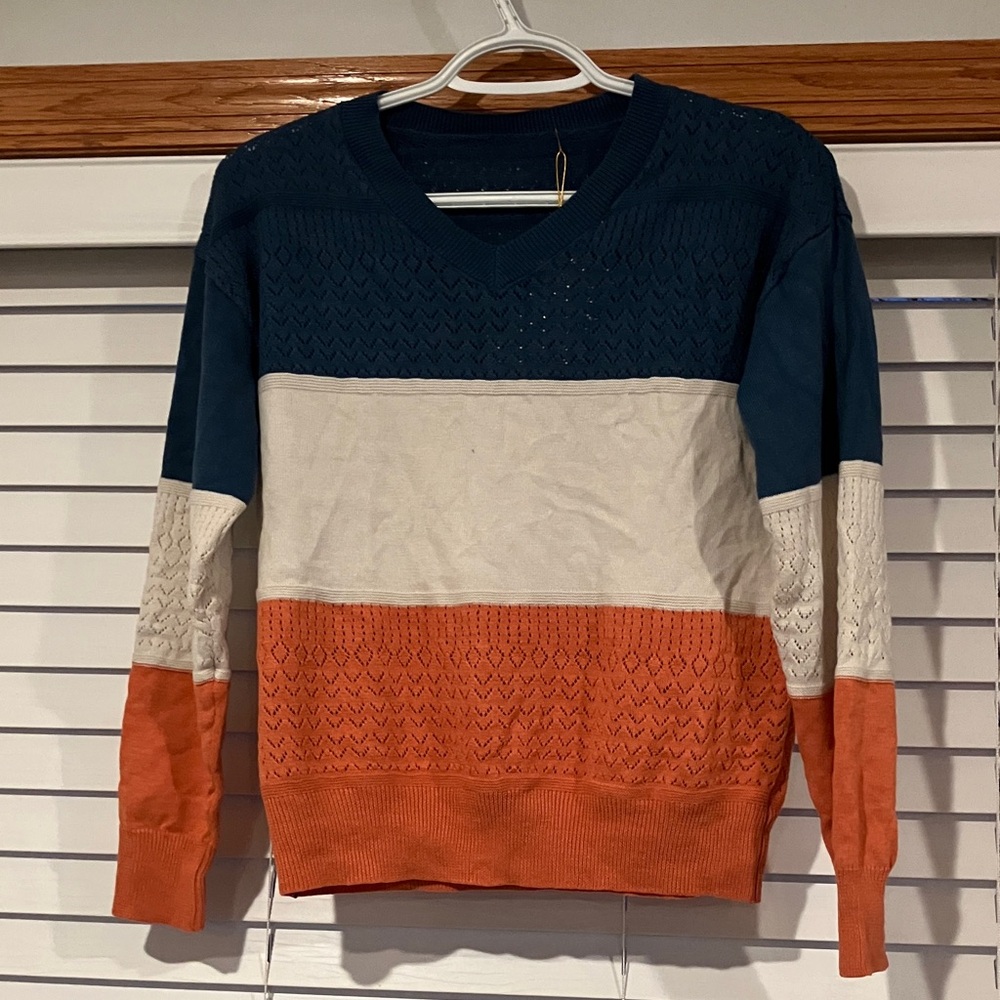 Colorblock V-Neck Sweater - Blue, White, and Orange